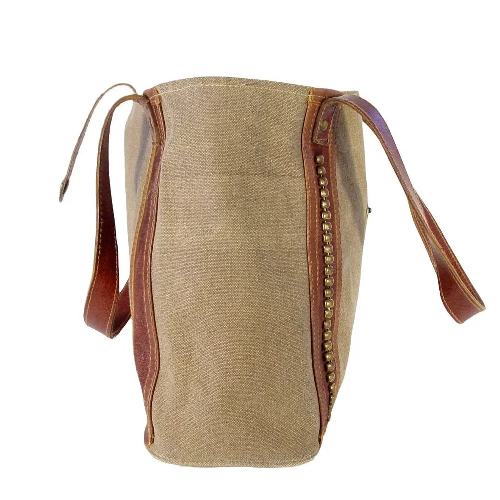 MONA B Upcycled Recycled Canvas and Leather Studded Tote Bag - Picture 6 of 11